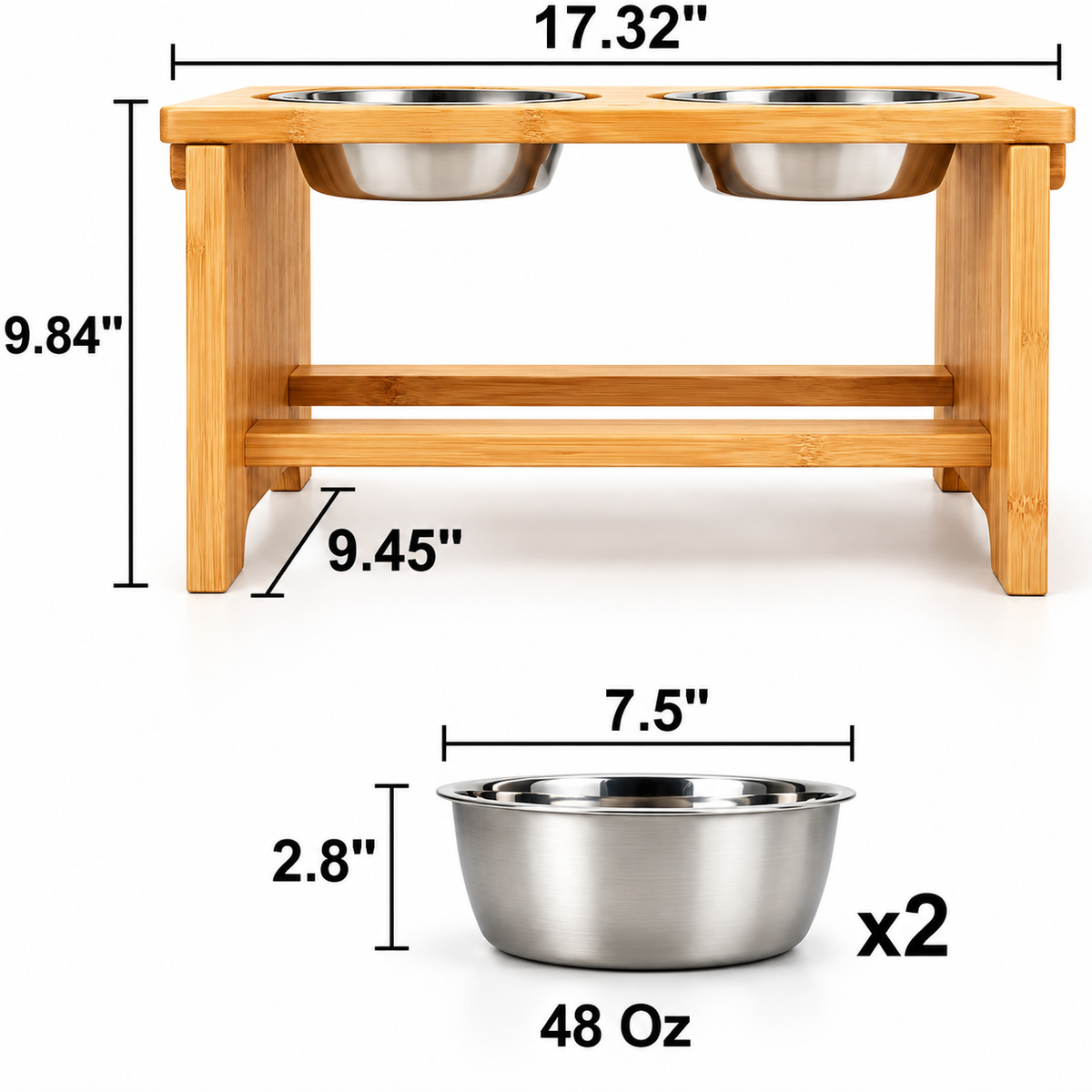 Elevated 2 Stainless Steel Bowls for Dogs and Cats